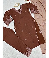 Dark brown muslin cotton thread work pant salwar suit