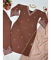 Dark brown muslin cotton thread work pant salwar suit