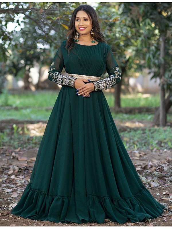 Rama Green Organza Silk Plain Gown  PinkSaree