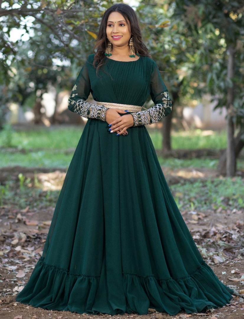 Gown : Dark green georgette embroidered party wear gown