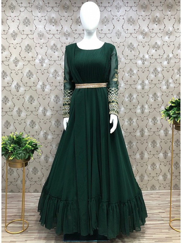 Green Embroidered Georgette Evening Long Gown Semi Stitched