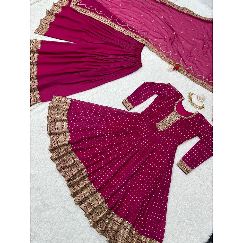 Dark pink georgette sequence coding work palazzo suit