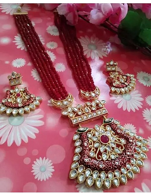 Gold plated brass kundan beads jewellery set