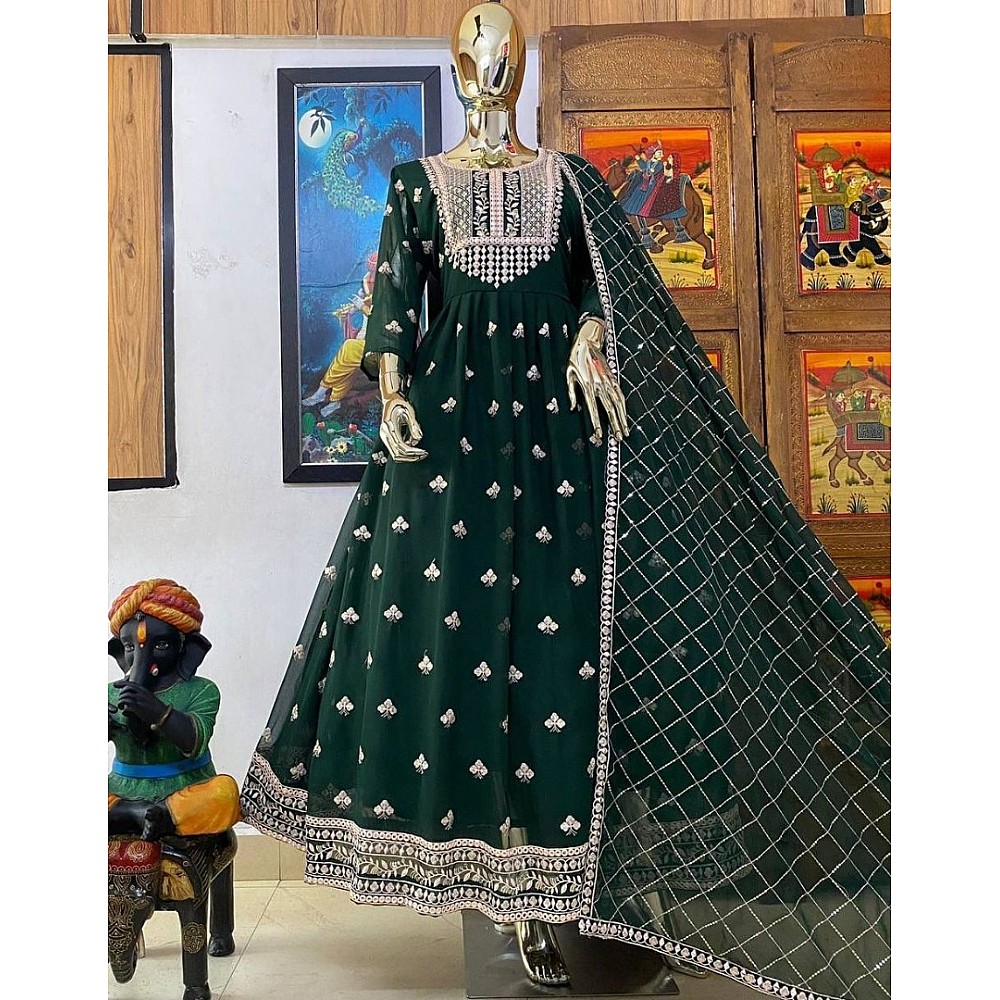 Green georgette sequence foil mirror work gown