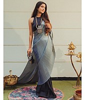 Grey and black crushed shiny silk designer half half saree
