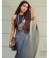 Grey and black crushed shiny silk designer half half saree