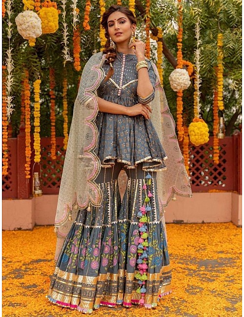 Grey georgette print and gotapatti work sharara suit