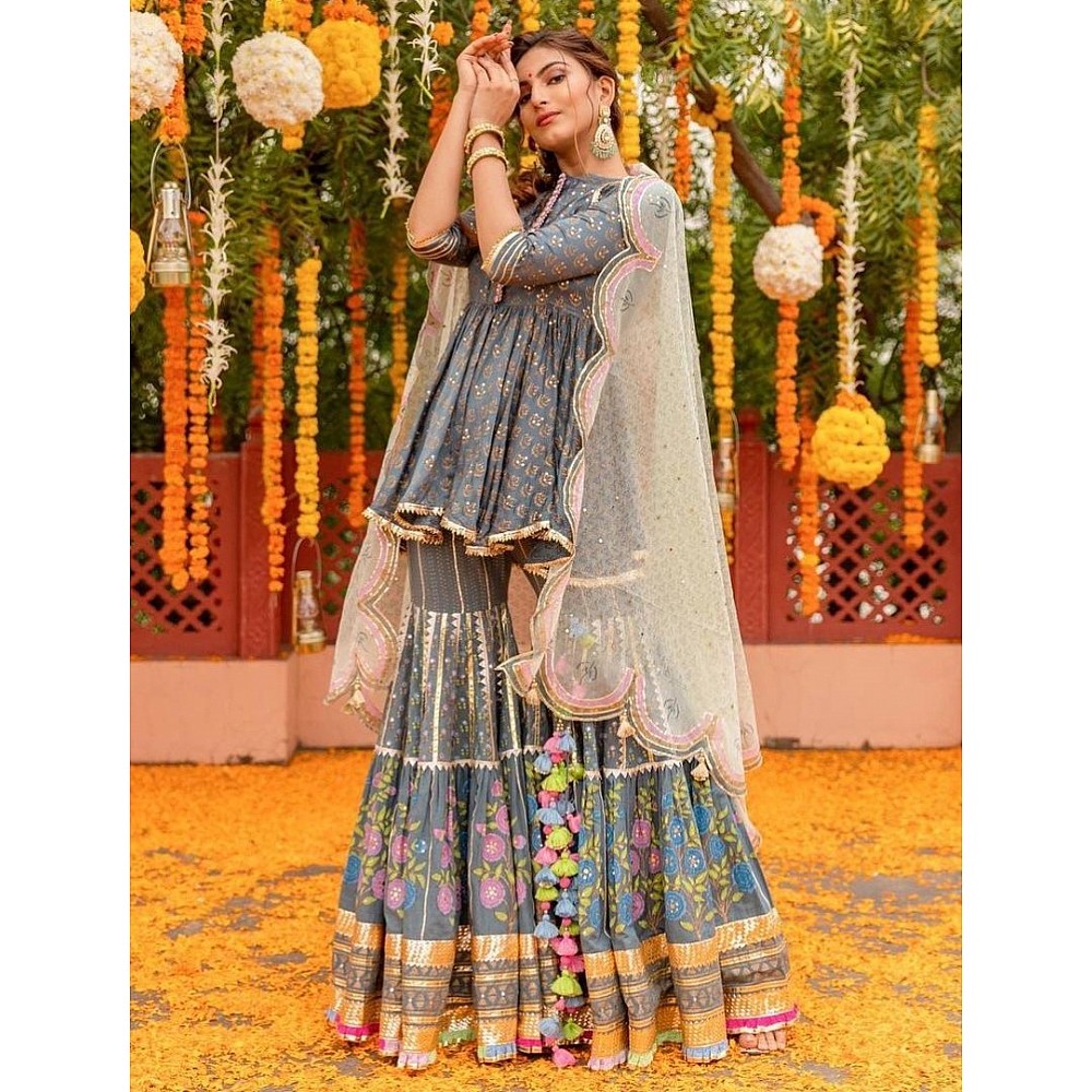 Grey georgette print and gotapatti work sharara suit
