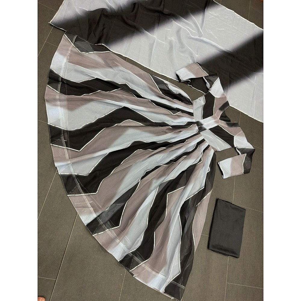 Grey organza silk print and ribbon work anarkali suit