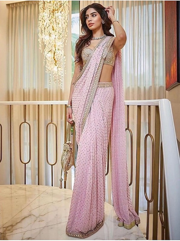 Khushi kapoor pink georgette sequence mirror work designer bollywood saree