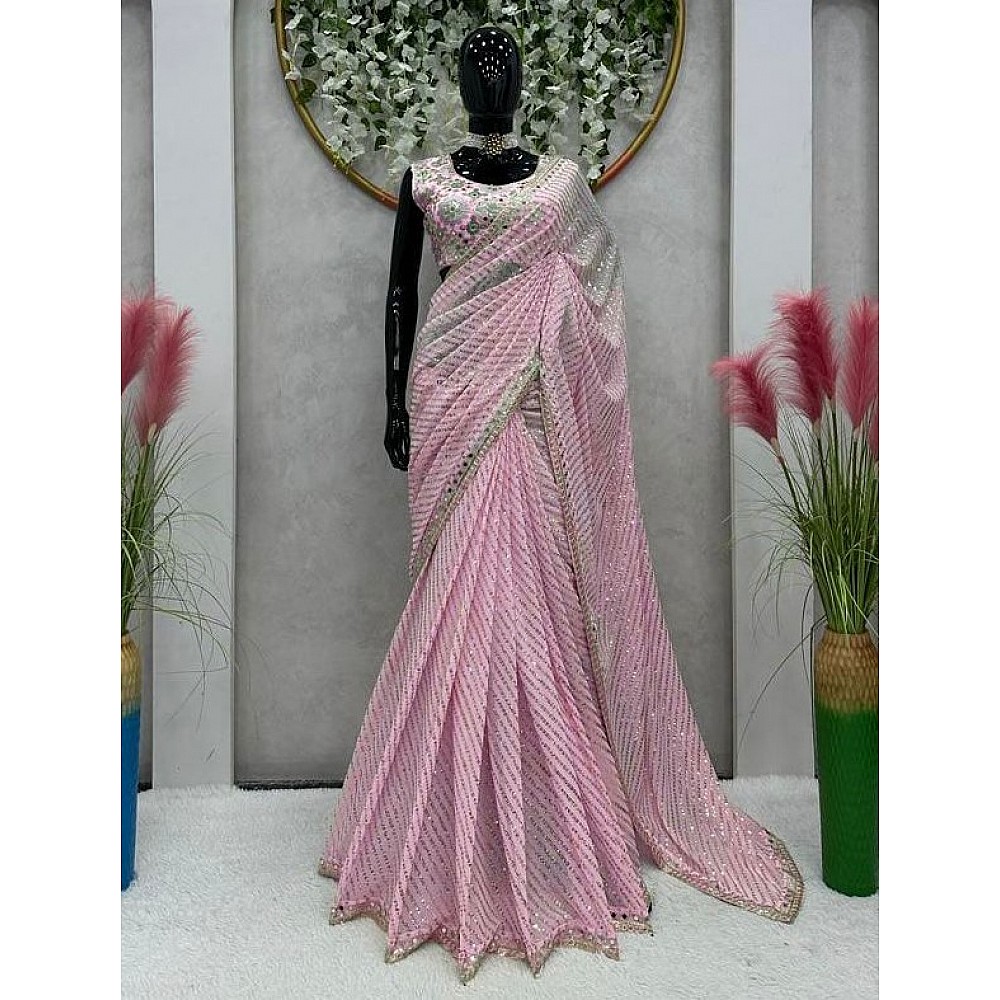 Khushi kapoor pink georgette sequence mirror work designer bollywood saree 