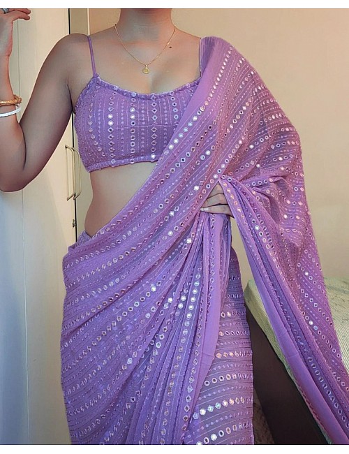 Light purple georgette thread and sequence work party wear saree