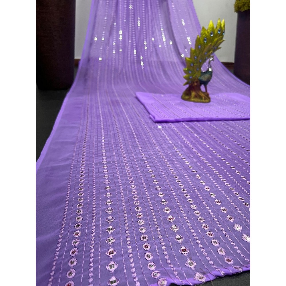 Light purple georgette thread and sequence work party wear saree