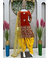Maroon and yellow georgette embroidered punjabi suit