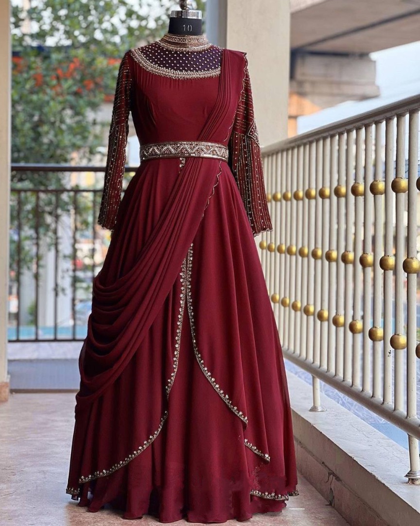 Beautiful Maroon Color Heavy Faux Georgette Gown