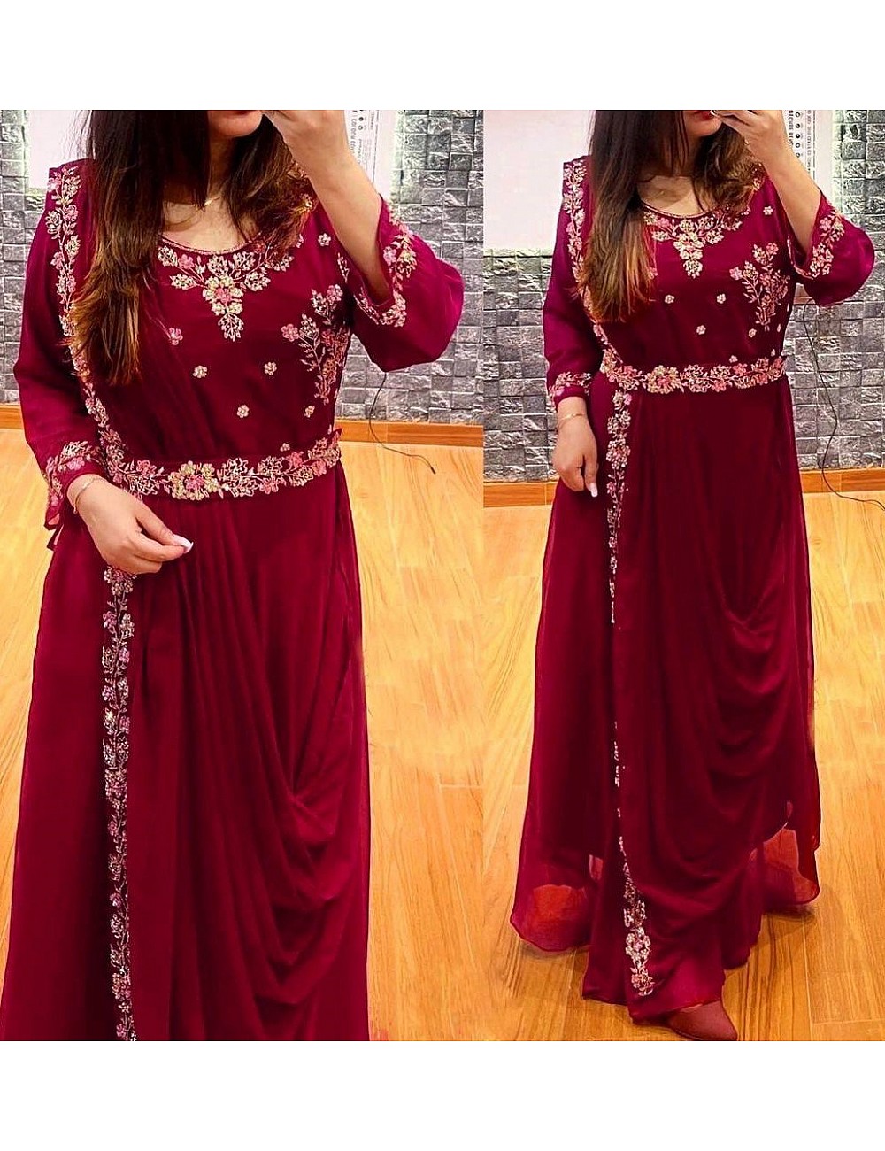 Gown : Maroon georgette plain heavy flair party wear gown