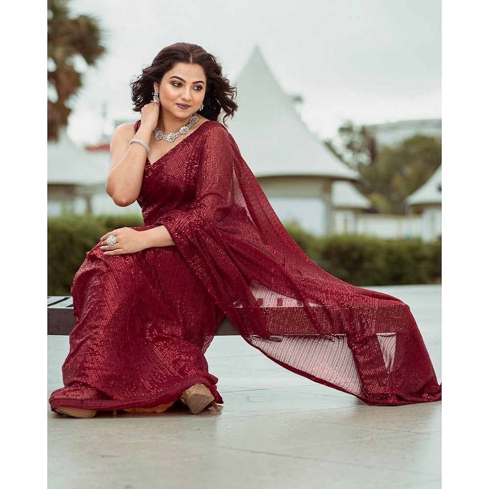 Maroon georgette heavy shiny sequins work party wear saree