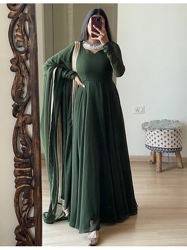 mehendi green georgette long party wear anarkali ethnic gown a27615