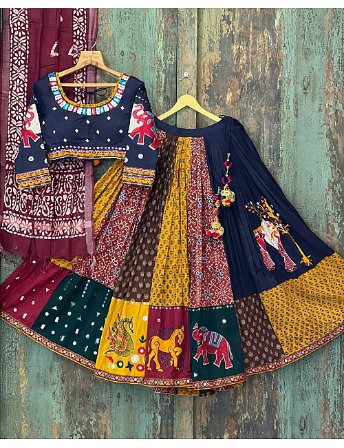 Multicolor cotton print and mirror work gujarati garba navratri lehenga chaniya choli