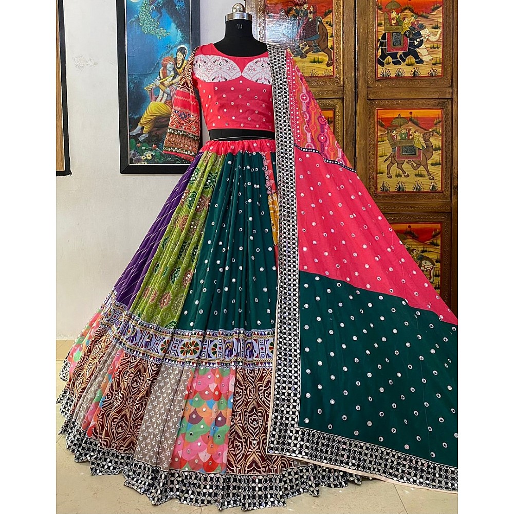 Multicolor cotton print and mirror work gujarati garba navratri lehenga chaniya choli