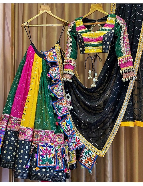 Multicolor cotton print mirror work gujarati garba ghagra navratri lehenga chaniya choli 