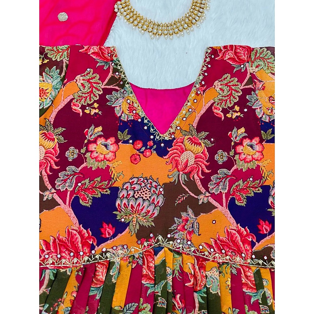 Multicolor georgette naira cut print and handwork pant suit