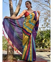 Multicolor khadi cotton color block print saree