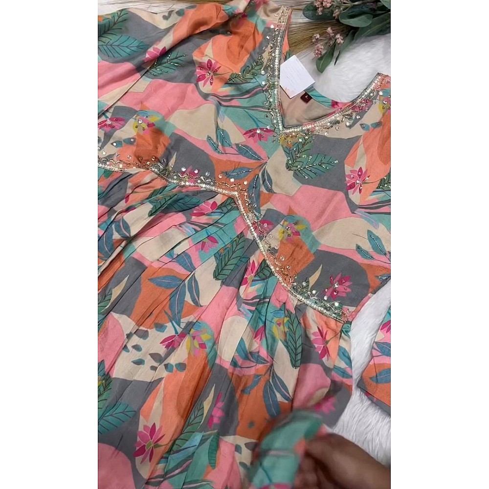 Multicolor rayon printed hand work alia cut designer kurti