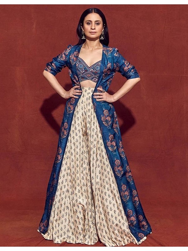 Unique Indo Western Designer Cocktail Wear Aqua Silk Net Lehenga Gown