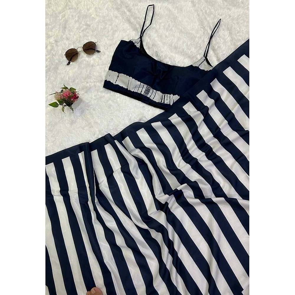 Navy blue and white stripe printed satin saree