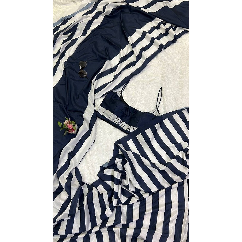 Navy blue and white stripe printed satin saree
