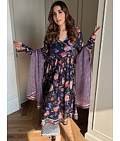 Navy blue georgette floral printed palazzo gown