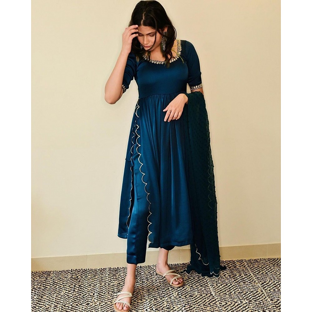 Navy blue rayon thread work nayra cut suit