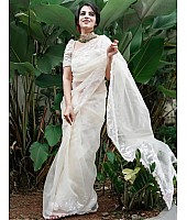 Off white organza embroidery and handwork designer saree