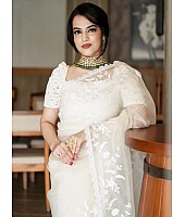 Off white organza embroidery and handwork designer saree