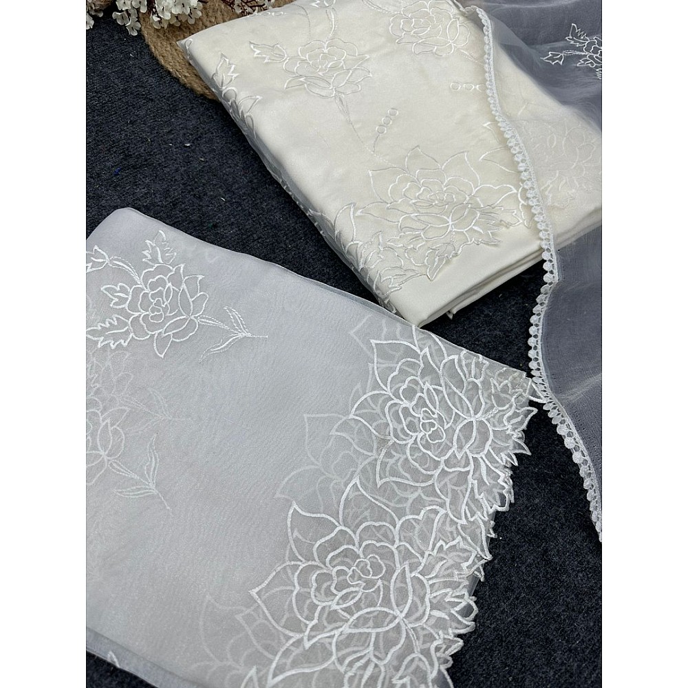 Off white organza thread work unstitched salwar suit