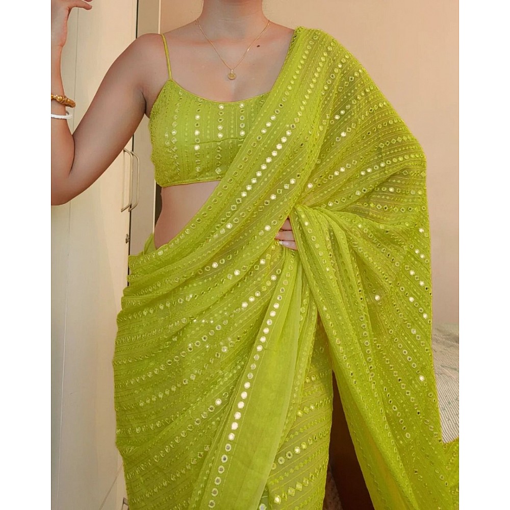 Parrot green georgette thread and sequence work party wear saree