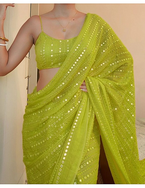 Parrot green georgette thread and sequence work party wear saree
