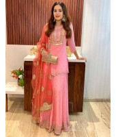 Peach georgette sequence work sharara suit