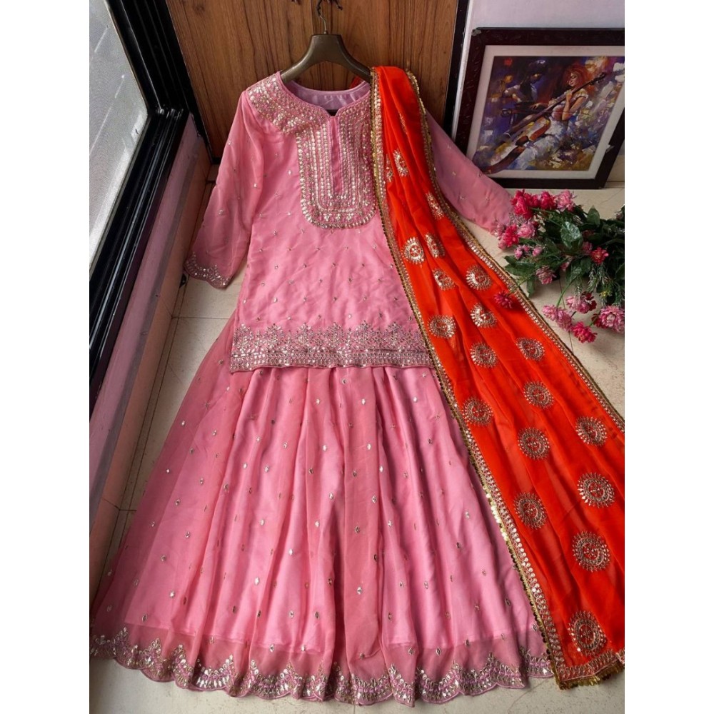 Peach georgette sequence work sharara suit