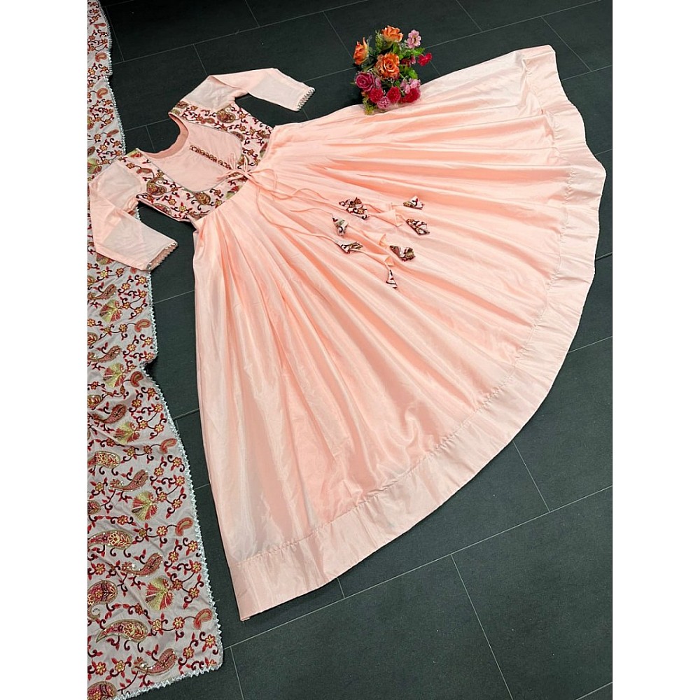 Peach satin silk long ethnic gown