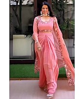 Peach silk thread work indowestern dhoti suit with shrug