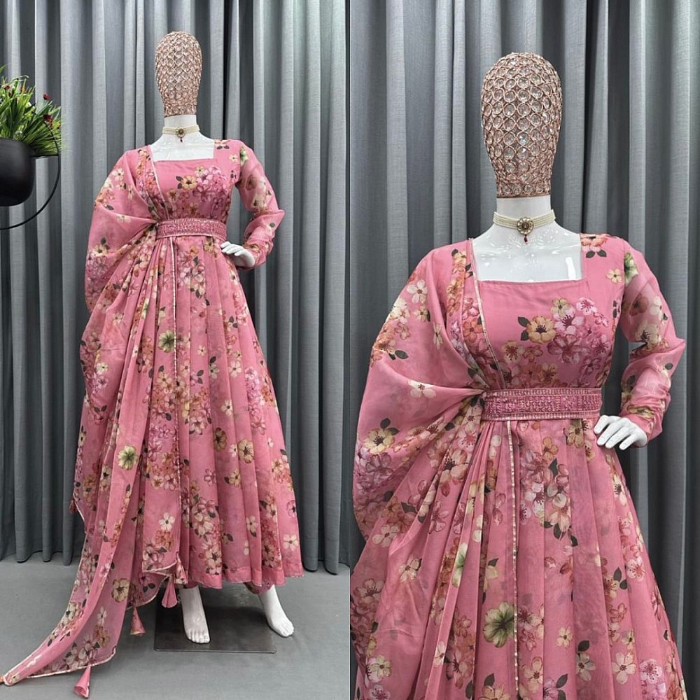 Peach tibby silk floral printed gown with belt and dupatta