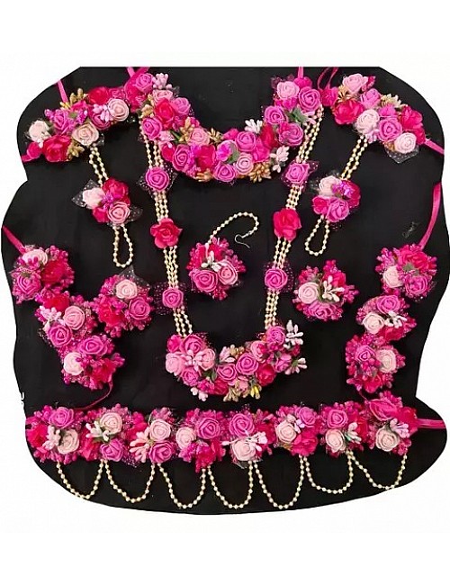 Pink artificial flower and pearls jewellery set for baby shower haldi mehendi