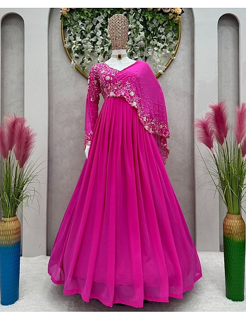 Pink georgette thread sequence and pearl work ceremonial gown