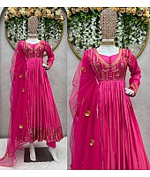 Pink silk thread and sequence work long anarkali gown