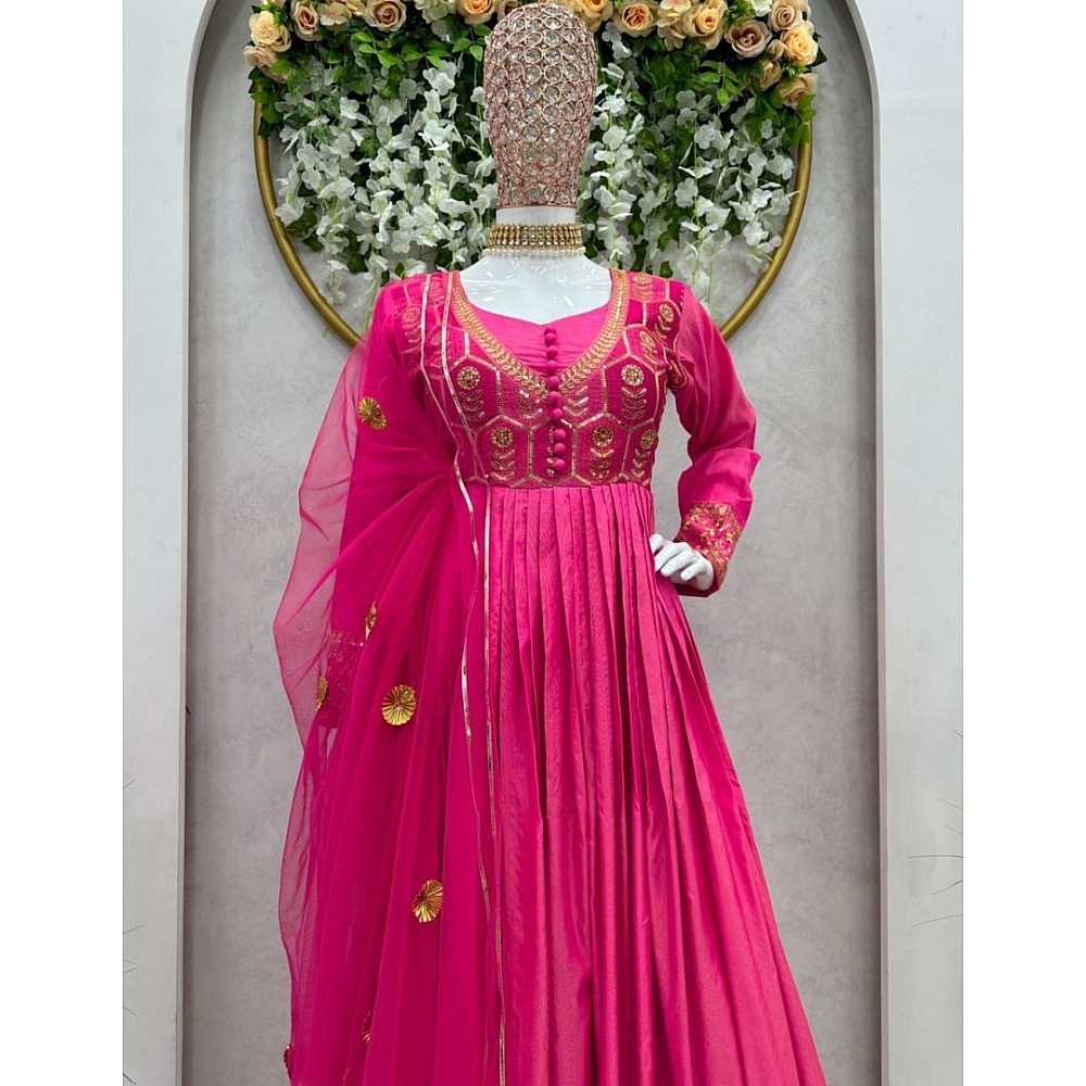Pink silk thread and sequence work long anarkali gown