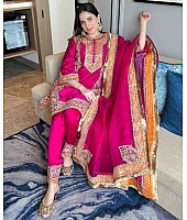 Pink velvet embroidered wedding salwar suit
