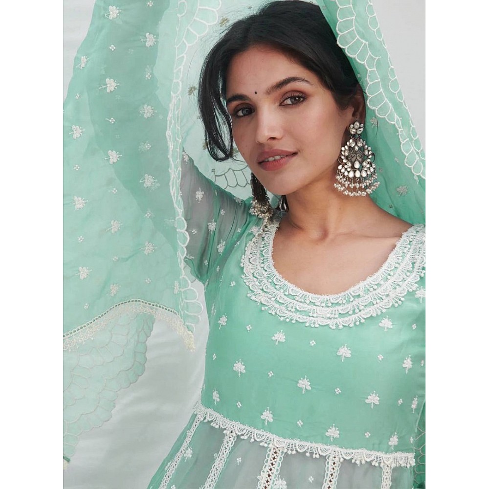Pista green georgette embroidery work pant suit