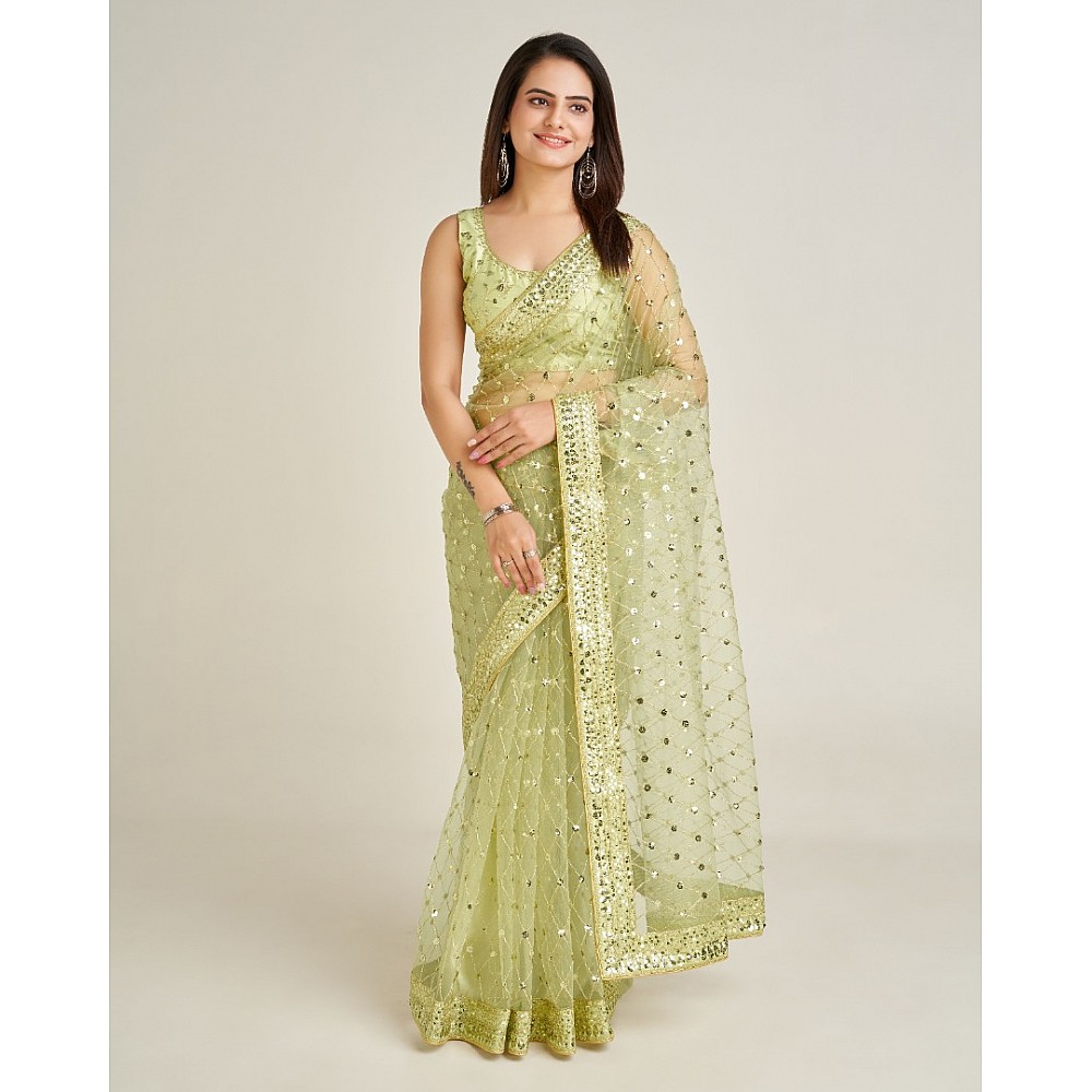 Pista green net sequins dori work wedding saree